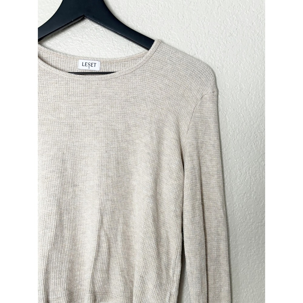 Leset Waffle Knit Lounge Set Oatmeal Beige Long Sleeve Top Wide Leg Pants Small - Picture 3 of 16